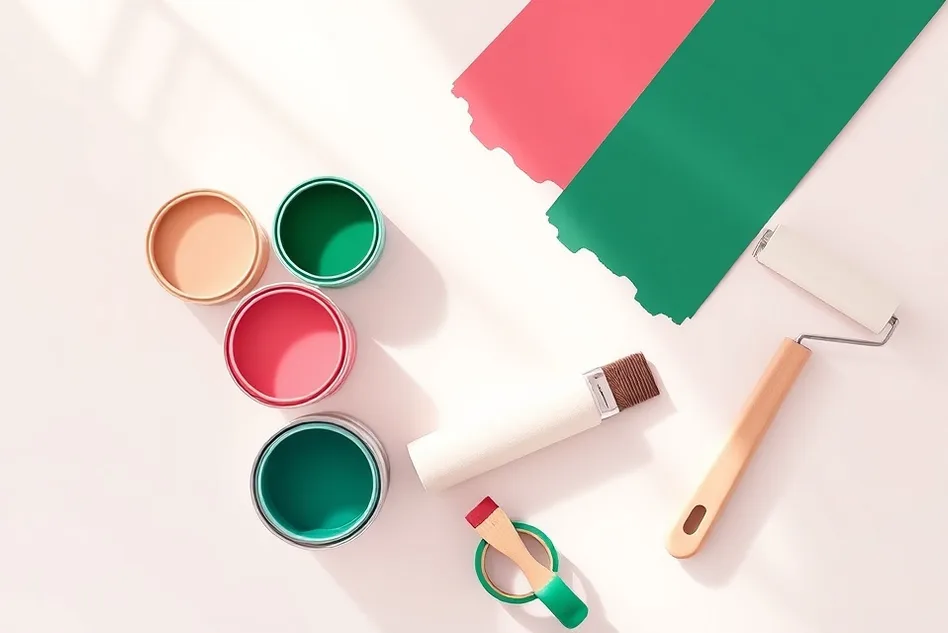 Pots de peinture, nuancier, brosses et rouleaux disposés à plat