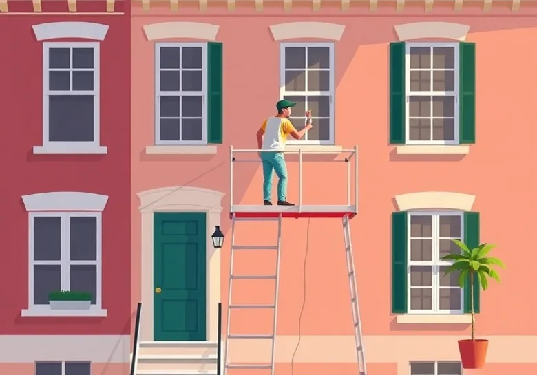Peintre sur échafaudage traitant la façade d'une maison