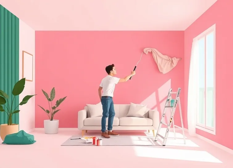 Peintre appliquant la peinture au rouleau sur un mur de salon